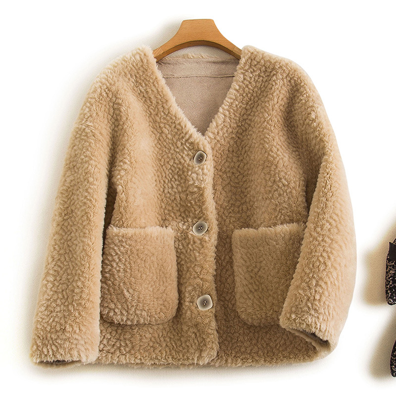 羊剪绒外套女纯色气质休闲颗粒羊羔绒短款大衣外套女2224-阿里巴巴