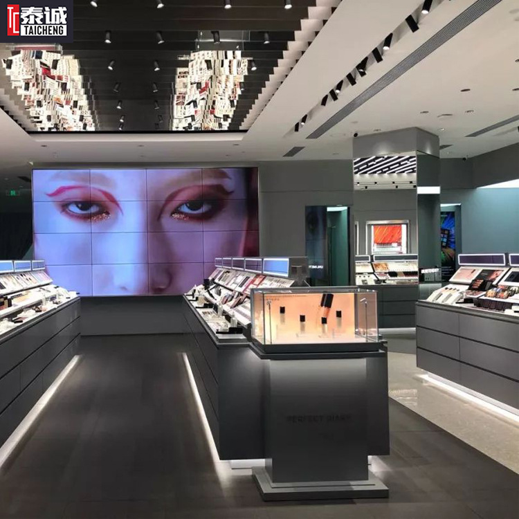 商场完美日记连锁化妆品展柜定做发光美妆玻璃中岛柜双面彩妆柜台
