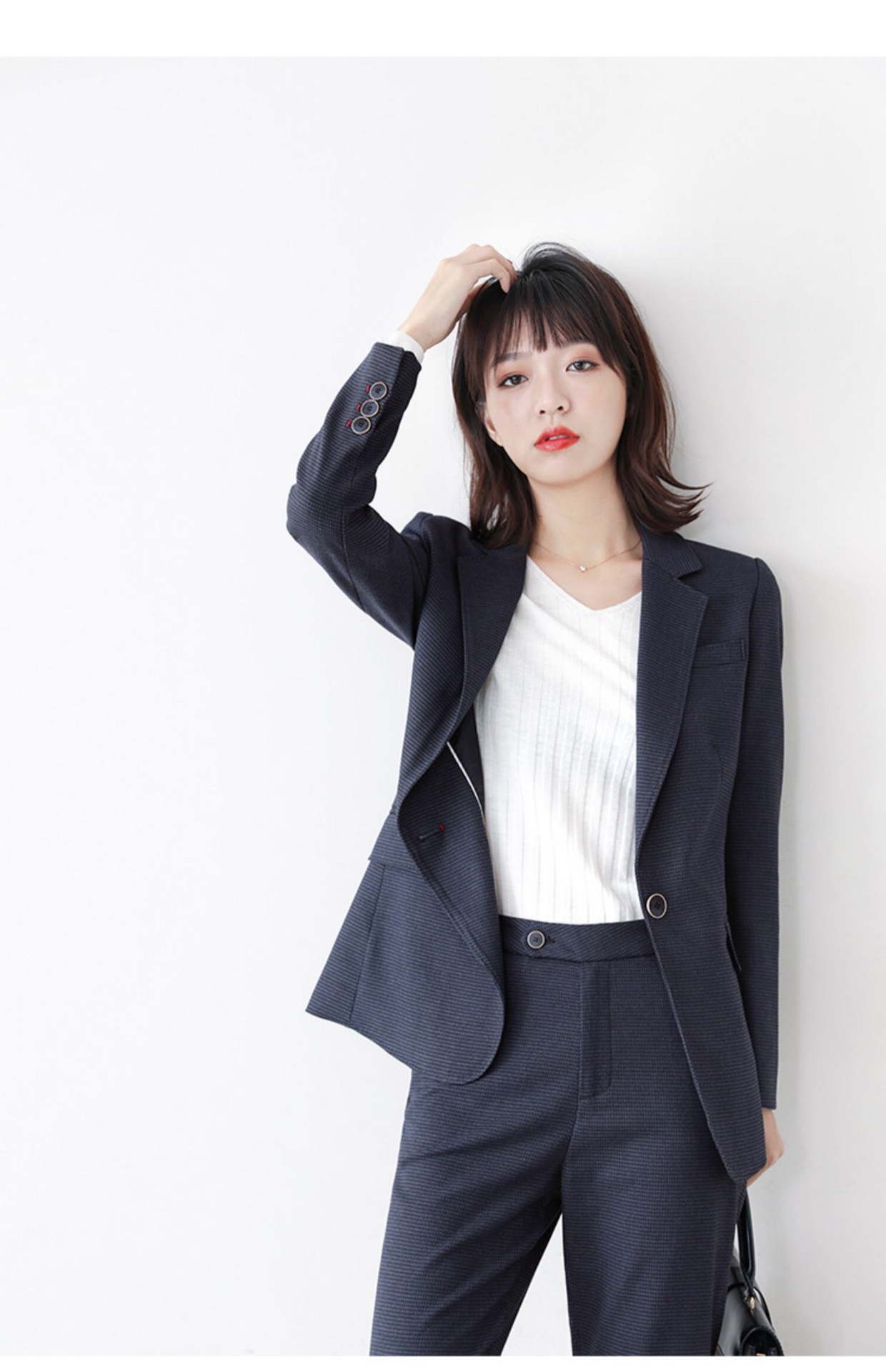 藏青色休闲西装外套女秋冬新款复古修身千鸟格职业气质小西服套装