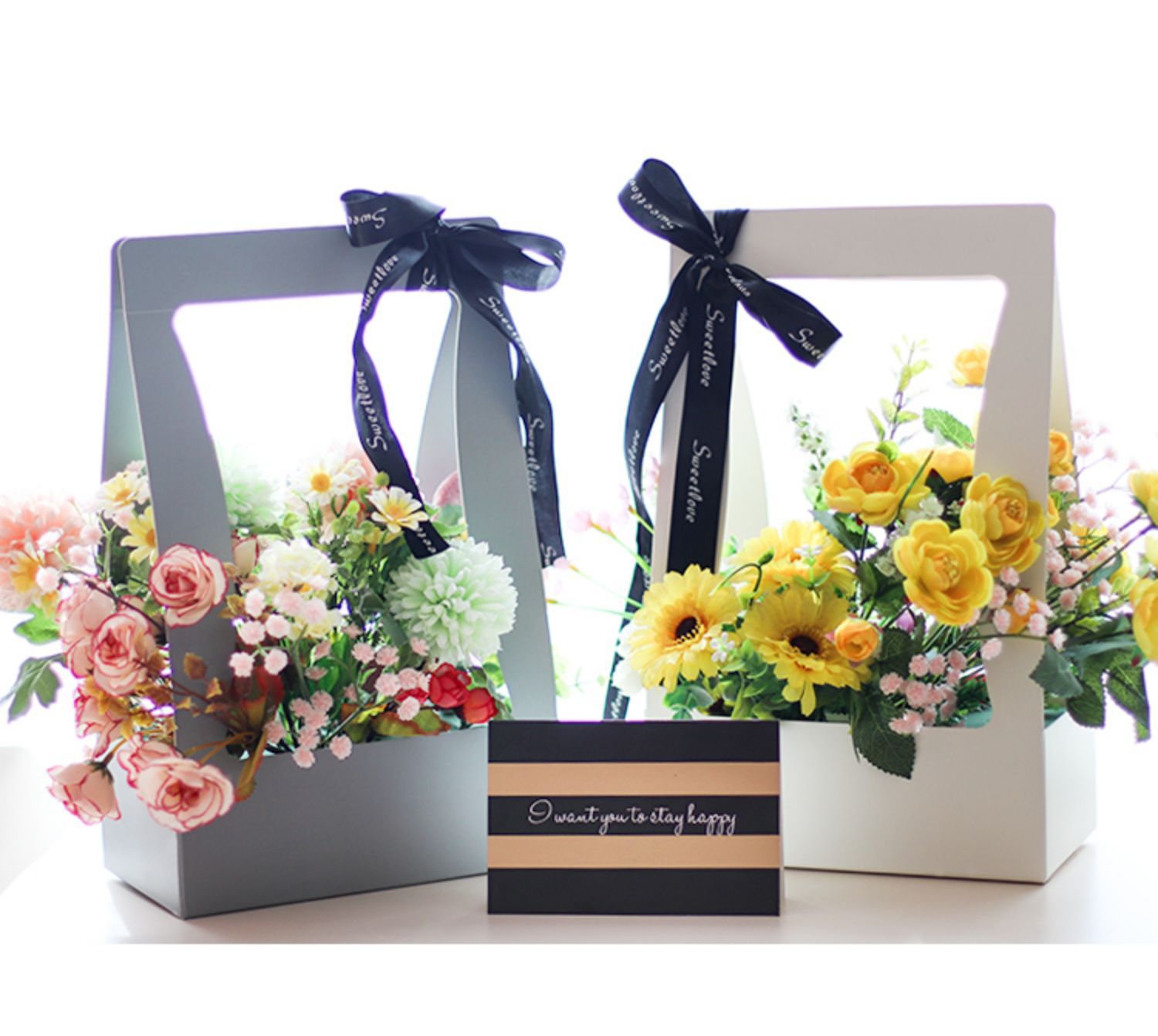 手提花篮纸质 批发母亲节礼品花束包装材料防水牛皮纸插花花篮