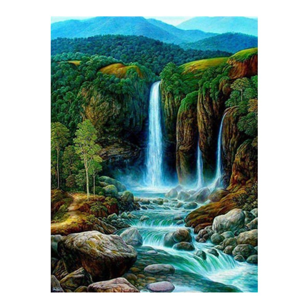 5d钻石画山水风景外贸新款瀑布流水贴钻十字绣装饰画挂画定制