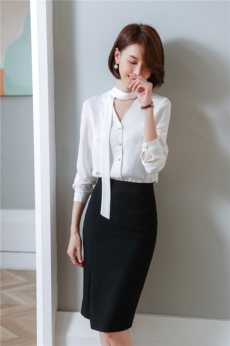 衬衫2020新款正装职业淑女名媛气质商务网红蝴蝶结v领系带jy8029