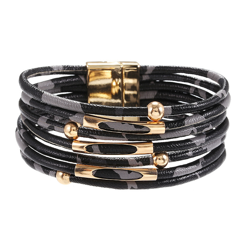 Cross-Border European and American Hot Alloy Leopard Print Magnetic Buckle Leather Bracelet String Beads Leather Rope Bracelet Copper Tube Bracelet Ornament