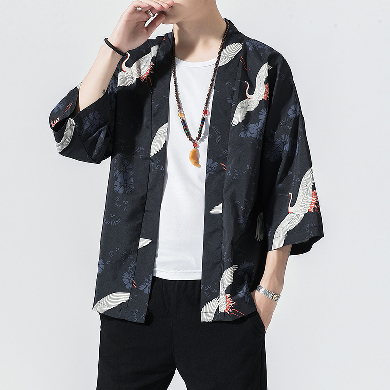 中国风外套装男装汉服日系日式和风仙鹤刺绣道袍和服亚麻浮世绘潮