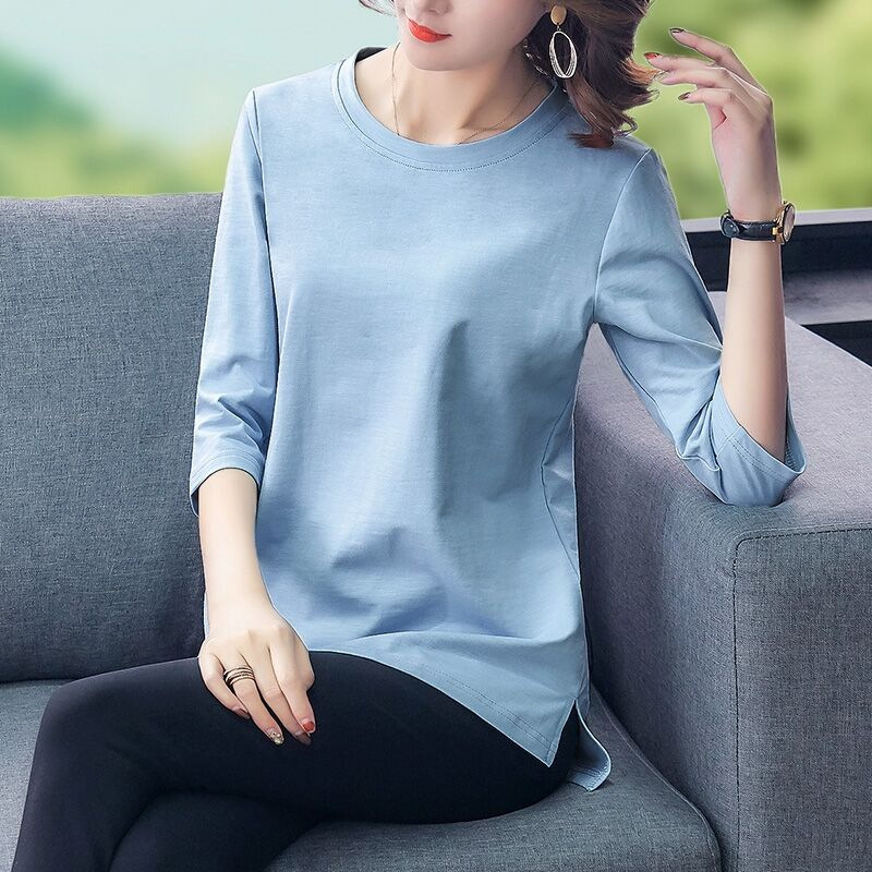 Spring and Summer Korean Style New Short Sleeve T-shirt Women's 3/4 Sleeve Top Bottoming Shirt Long Sleeve Mom's Loose Large Size Women's