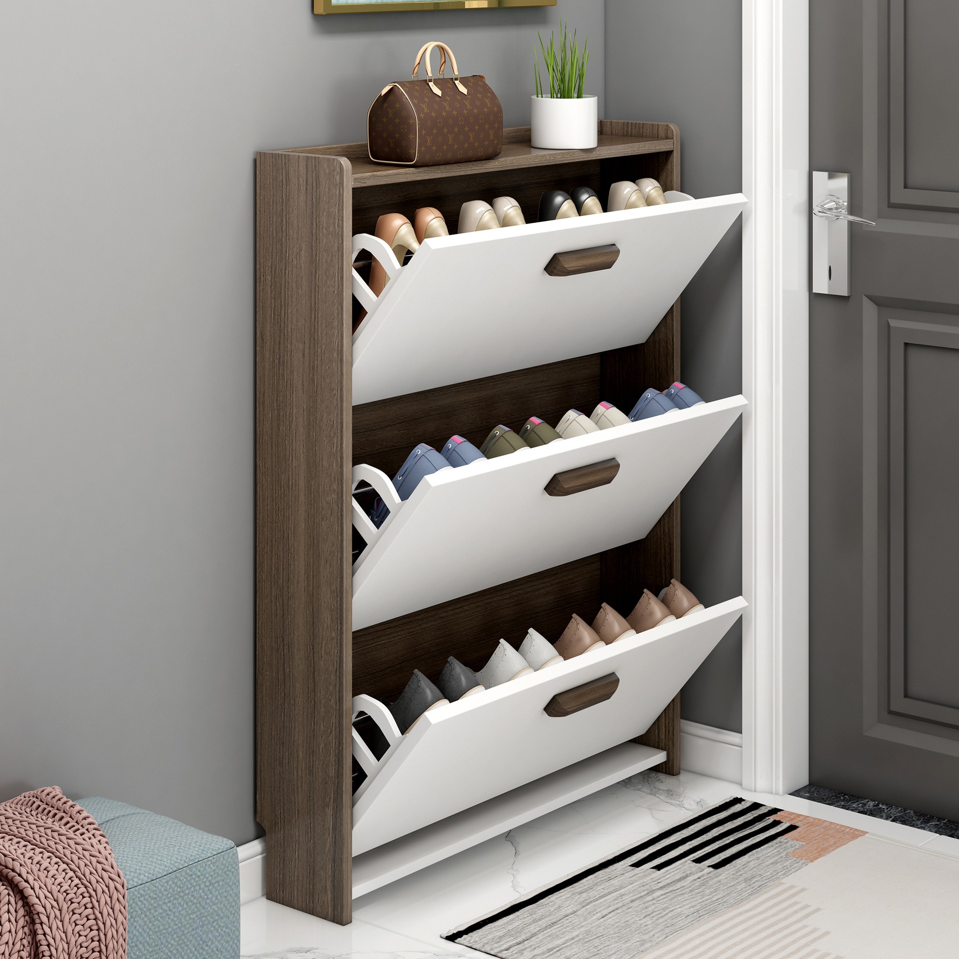 门口家用鞋柜超薄翻斗17cm黑胡桃色玄关大容量储物柜收纳阳台鞋架