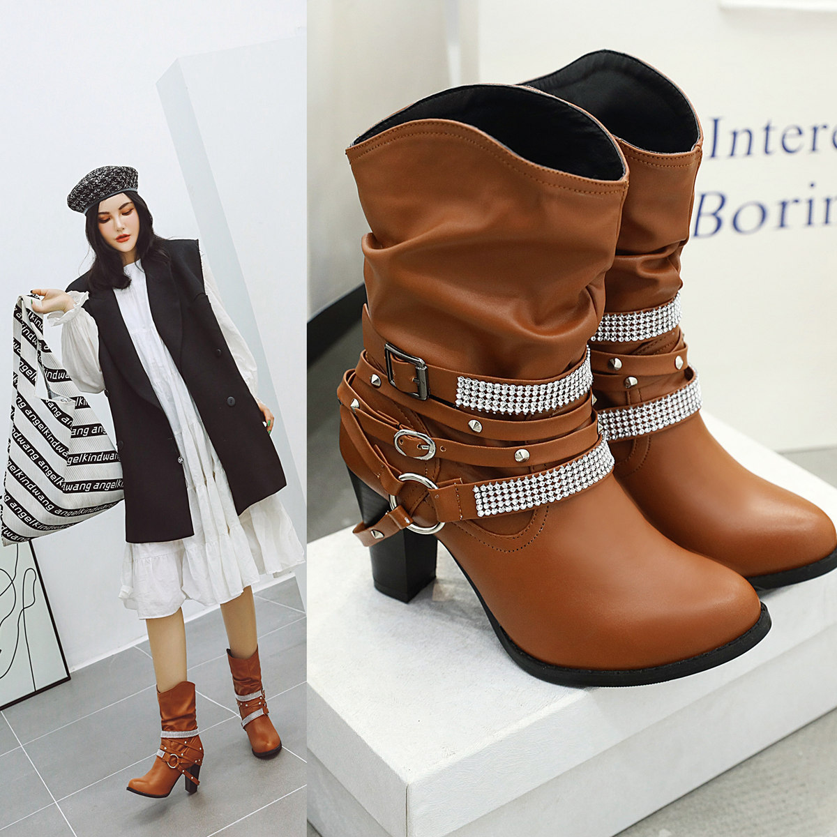 奢华水钻皮带扣短靴复古罗马靴粗高跟马丁靴外贸靴亚马逊速卖通