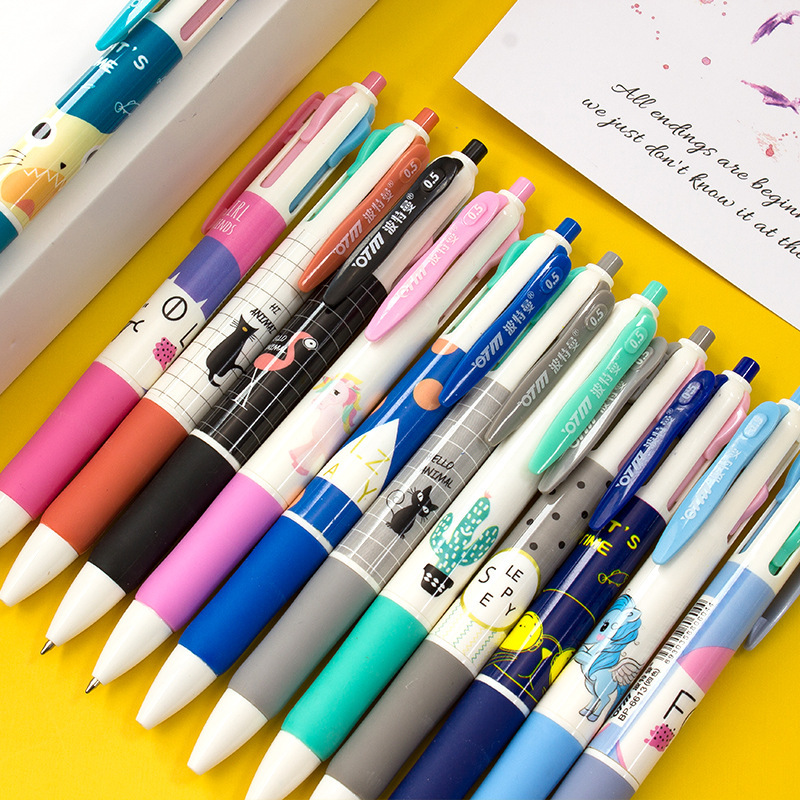 可爱四色按动圆珠笔 卡通图案学生多色油笔 办公简约0.5mm签字笔