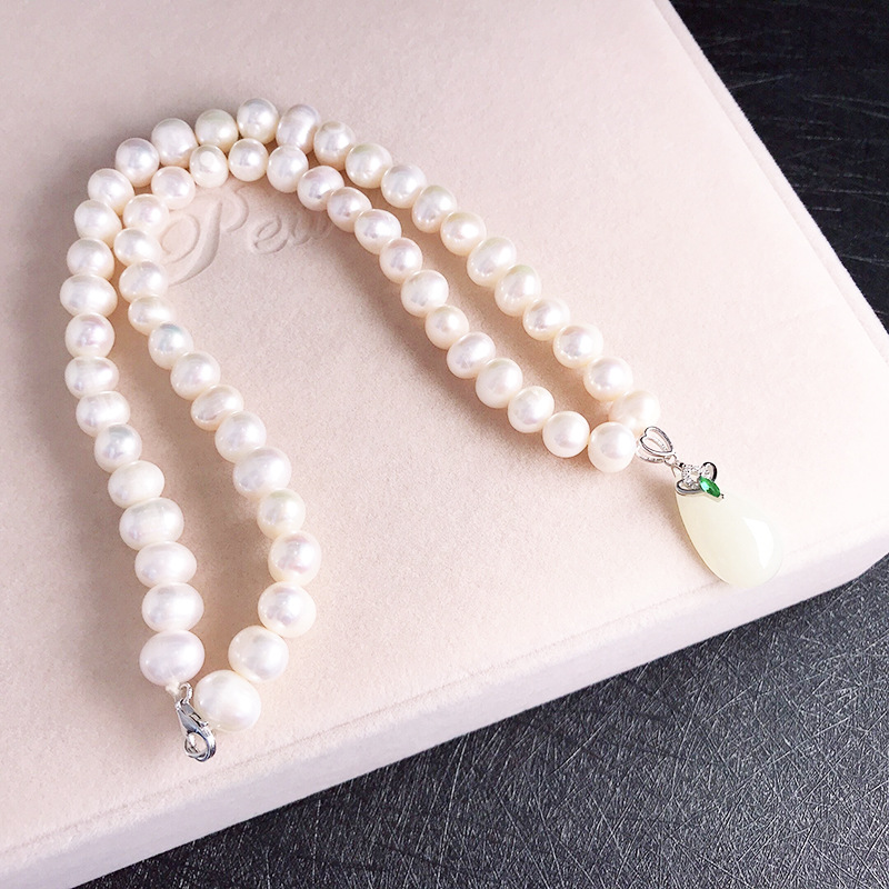 批发天然淡水珍珠项链 s925银镶和田白玉项链母亲节礼物送妈妈
