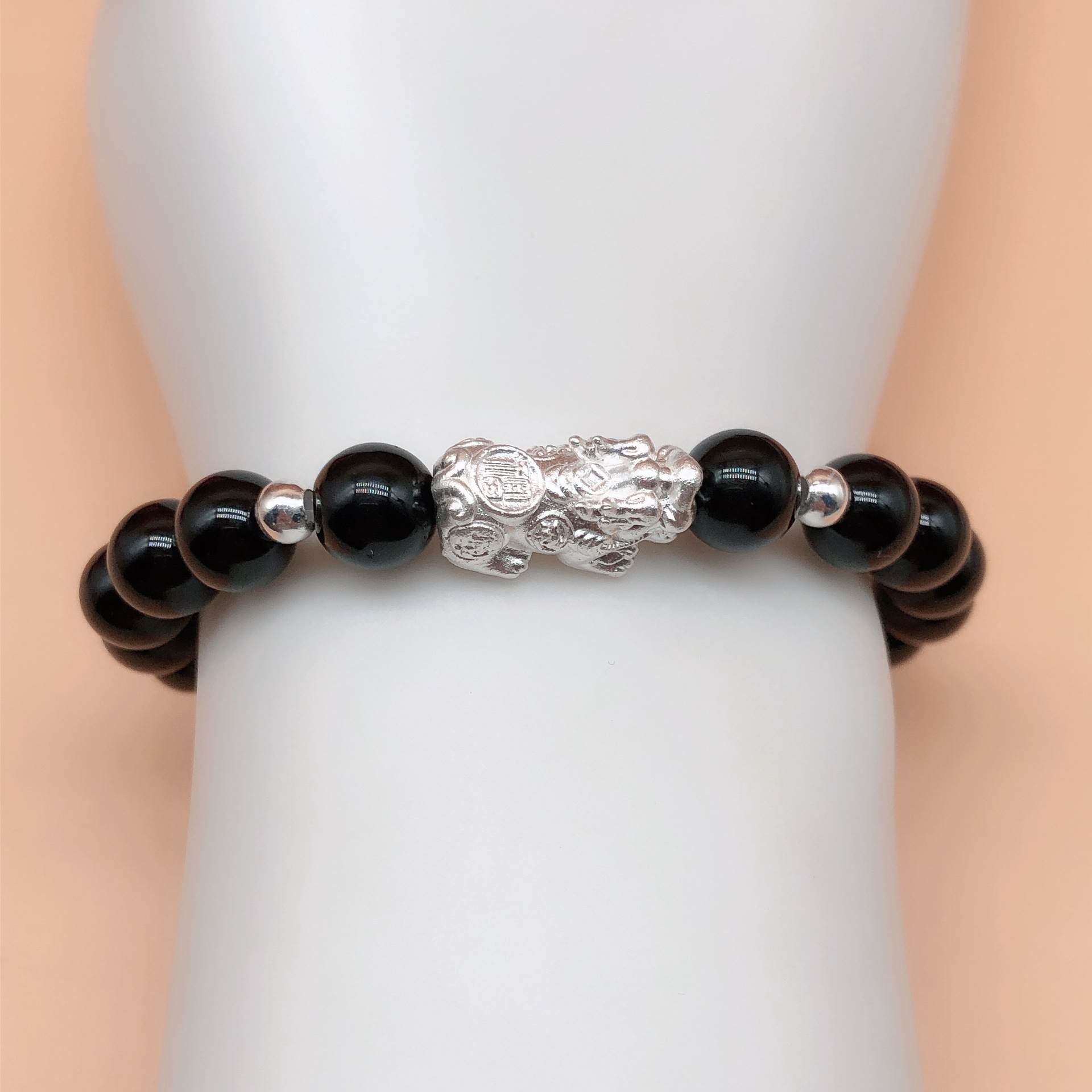 批发批发999纯银招财貔貅男女手串3d硬足银红黑玛瑙情侣手链