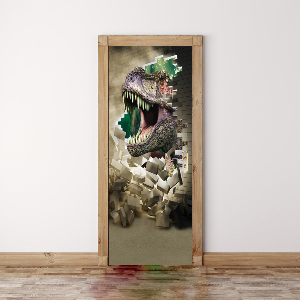 创意3d门贴翻新自粘贴纸装饰卧室客厅墙贴门贴霸王龙跨境货源