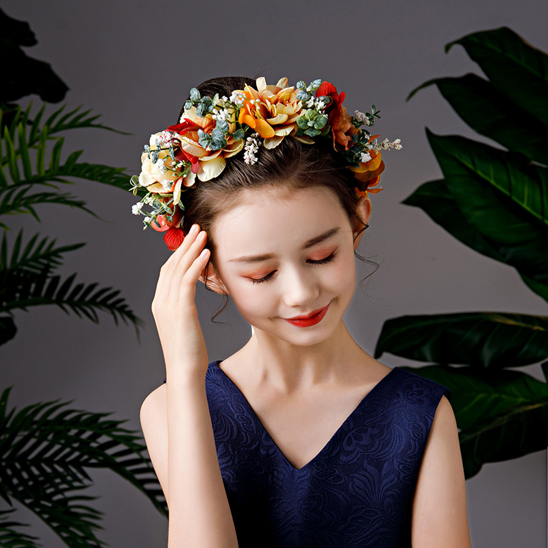儿童森系花环彩色水草花冠女生新娘摄影写真偷换发带女童演出发饰