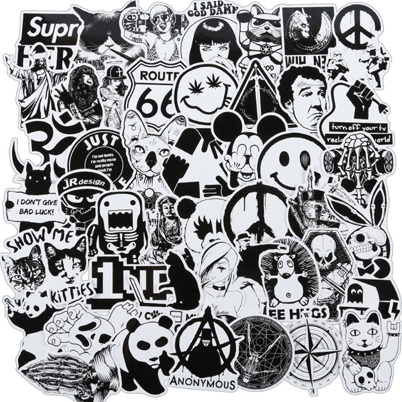 100张黑白贴纸 个性潮流水杯笔记本平板行李箱滑板防水装饰小贴画