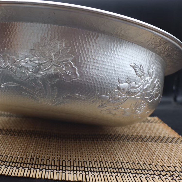 纯银脸盆999足银大银盆 纯手工年年有鱼结婚陪嫁妆 银器摆件定制