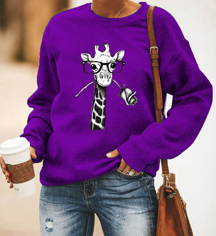 亚马逊ebay 速卖通 wish 独立站 长颈鹿趣味图案印花长袖圆领卫衣