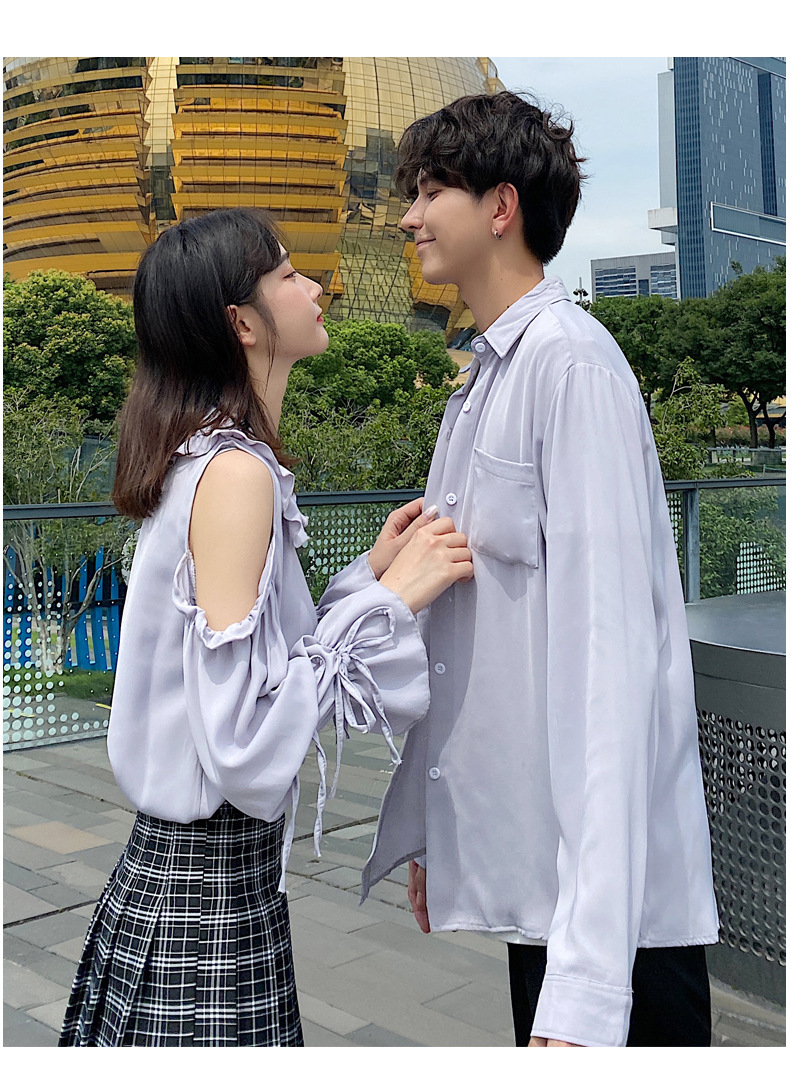 情侣装秋装2020新款韩版小众设计感长袖气质露肩衬衫两件套套装潮