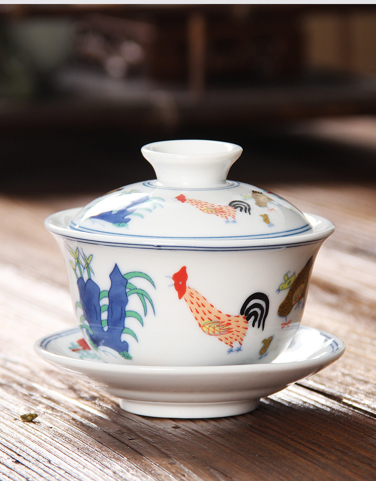 景德镇盖碗大明斗彩鸡缸青花瓷复古大明成化年家用三才泡茶碗单个