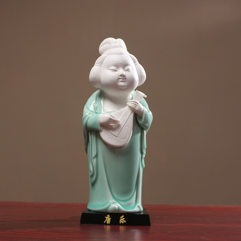 唐代仕女青瓷人物奏乐陶瓷摆件书柜子家居装饰品桌面新中式工艺品