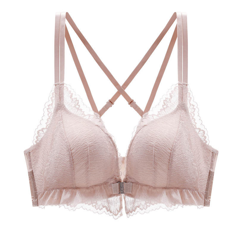 性感交叉前扣美背薄款内衣女蕾丝无钢圈文胸少女聚拢小胸罩薄杯