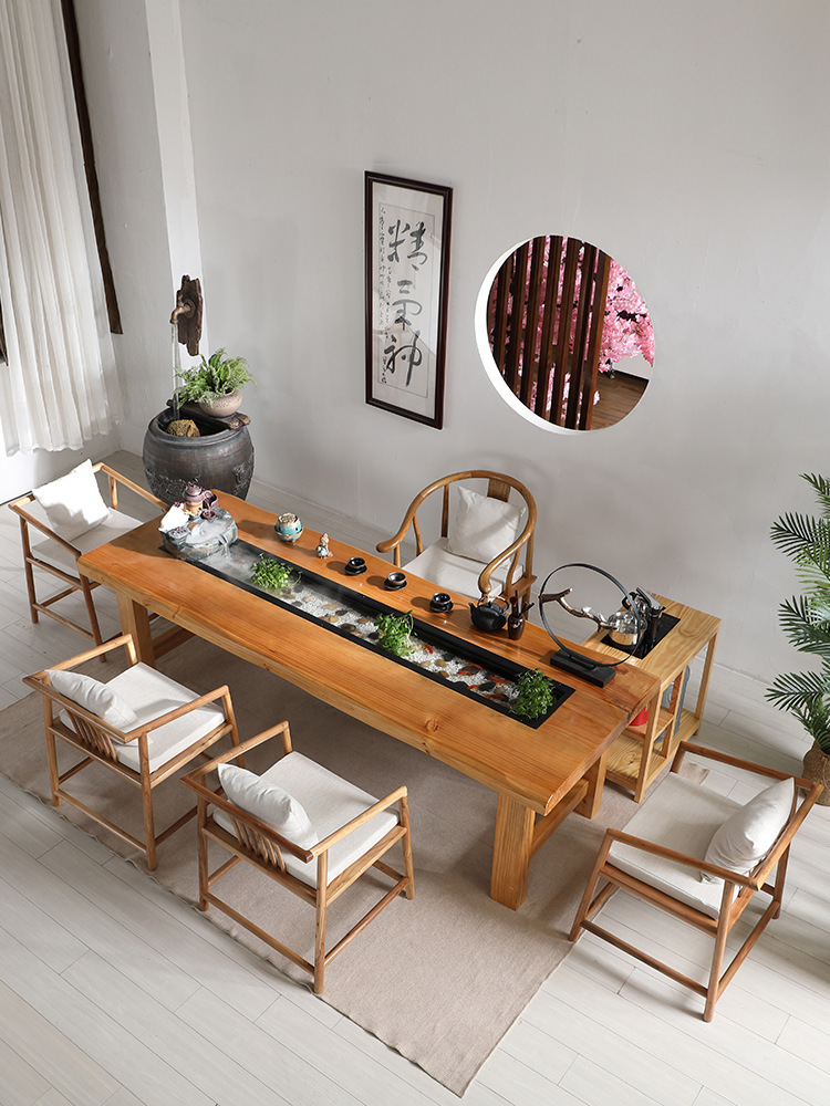 茶馆待客观景茶台桌 新中式长条实木茶桌椅组合办公室禅意喝茶桌