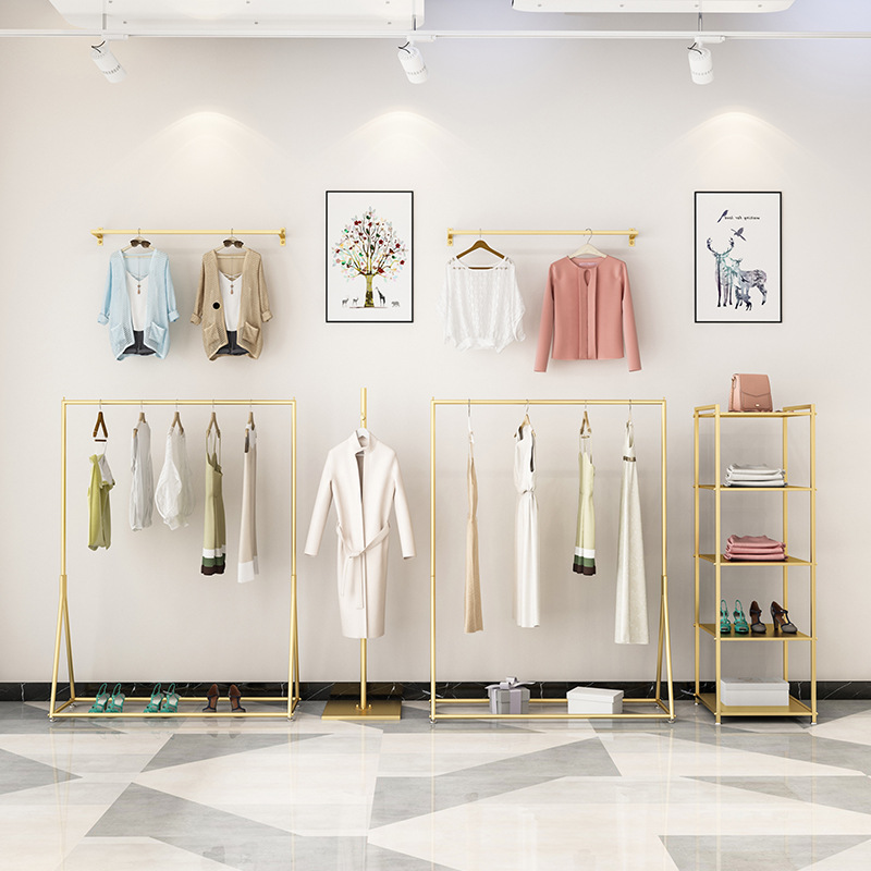 金色铁艺服装店展示架 落地式组合挂衣架女装侧挂架简约陈列架