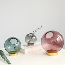 北欧简约现代轻奢铜圈底座透明玻璃花瓶圆形花器插花水培装饰摆件