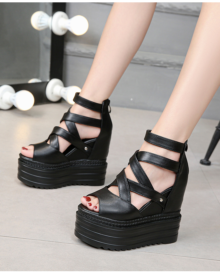 2020春款坡跟厚底时尚夜店增高女凉鞋百搭交叉带松糕鞋13cm恨天高