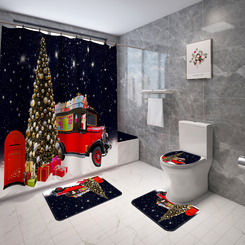 Foreign Trade Cartoon Santa Claus Printed Waterproof Shower Curtain Four-Piece Non-Slip Toilet Carpet Set for Bathroom