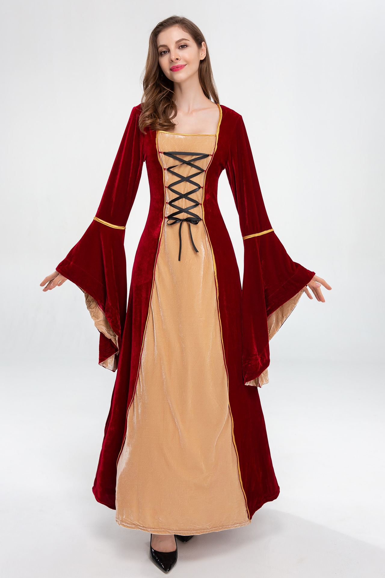 欧美中世纪文艺复兴复古连衣裙绑带束腰宫廷长礼服话剧舞台演出服
