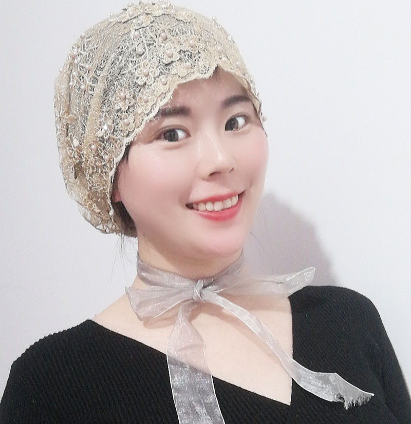 穆斯林头巾蕾丝珍珠飘带透气夏季新款伊斯兰发帽民族遮白发帽子