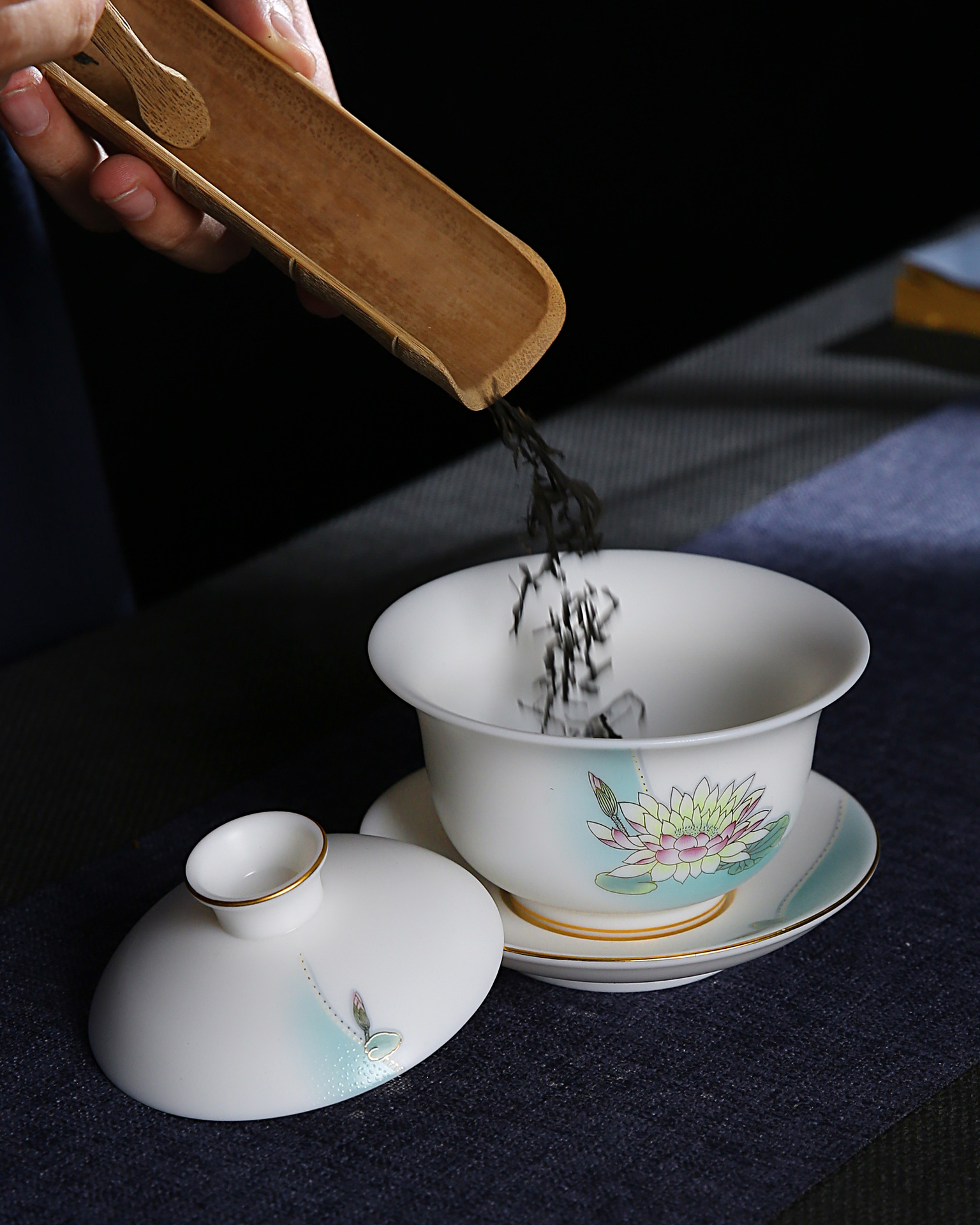 国潮中国风手工彩绘羊脂白玉茶碗 满堂和气套组 品茗喝茶陶瓷盖碗