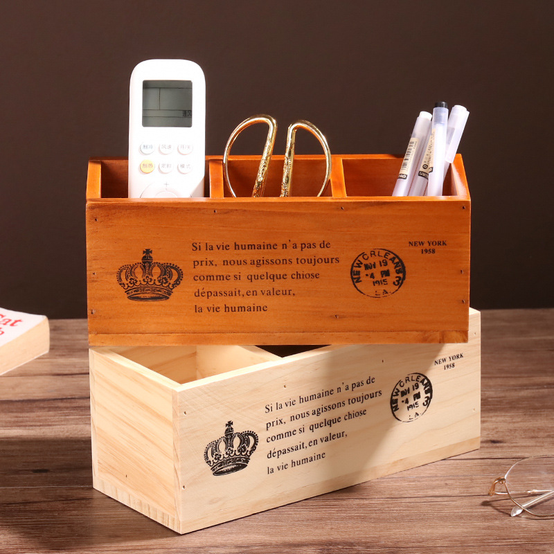 Storage Box Rectangular Solid Wood Three-Grid Pen Holder Desktop Storage Box Wooden Remote Control Finishing