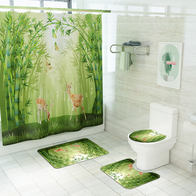 Painted Print Toilet Floor Mat Four-Piece Bamboo Forest Sika Deer Polyester Shower Curtain Cross-Border Spot Supply with Hook