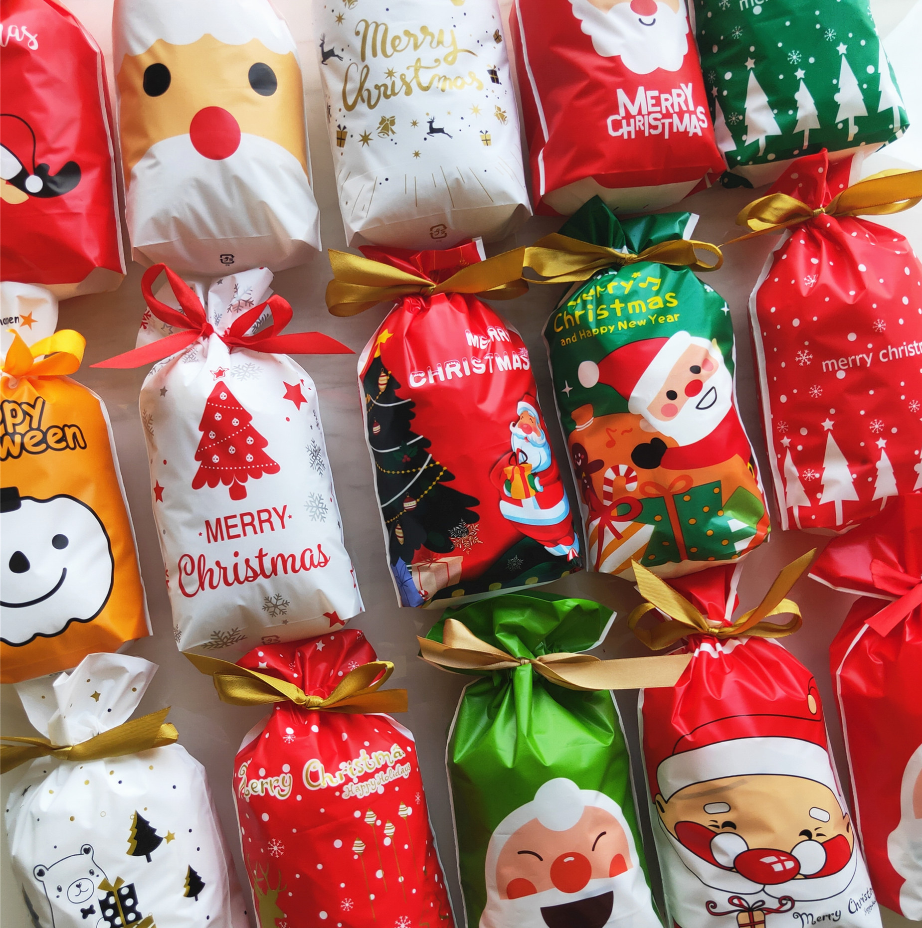 50 Christmas Food Packaging Bags Ribbon Drawstring Bag Candy Biscuits Drawstring Bag Gift Bag Mixed Packaging