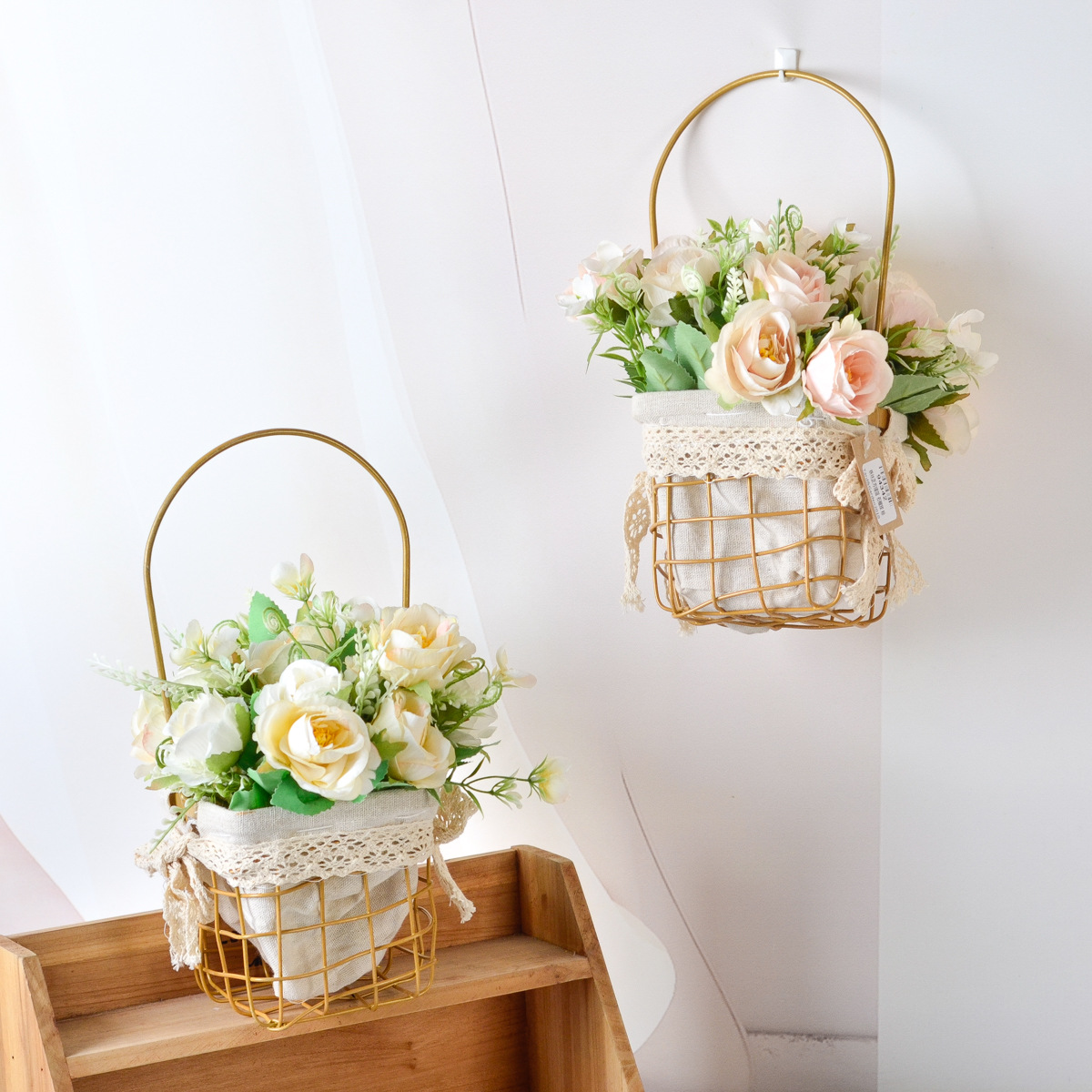 轻奢铁丝手提花篮花艺套装石榴玫瑰人造花家居亭台小院走廊装饰