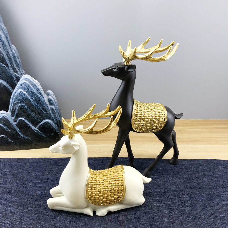 现代新中式陶瓷树脂工艺品装饰情侣鹿动物摆件福禄双全家居书柜台