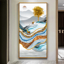 北欧玄关轻奢烤瓷竖版招财鹿走廊过道壁画现代简约客厅背景晶瓷画