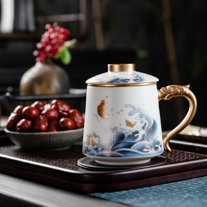 羊脂玉瓷茶杯会议泡茶德化白瓷水杯高档礼品带盖陶瓷办公杯批发