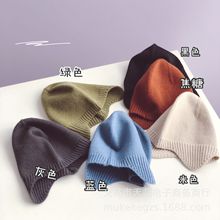 韩国同款简约纯色儿童亲肤针织帽护耳帽 秋冬潮宝光板毛线帽