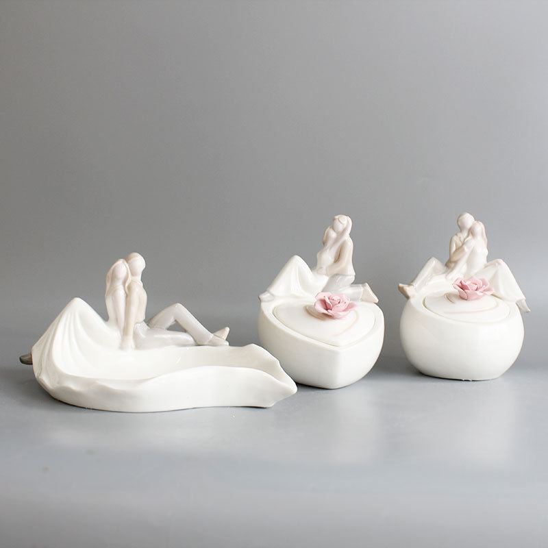 欧式风陶瓷情侣首饰盒 简约时尚手工捏花结婚用品情人节送礼定制