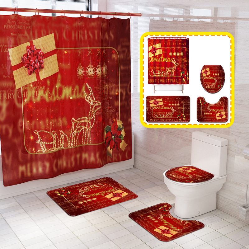 Hot Exclusive for Cross-Border Christmas Element Printing Toilet Floor Mat Four-Piece Set Christmas Gift Box Waterproof Shower Curtain DIY Pattern