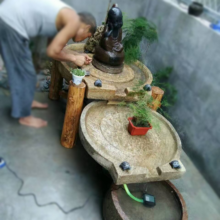 老石槽磨盘水景石雕流水旧石器别墅花园旧石器石磨组合流水摆件