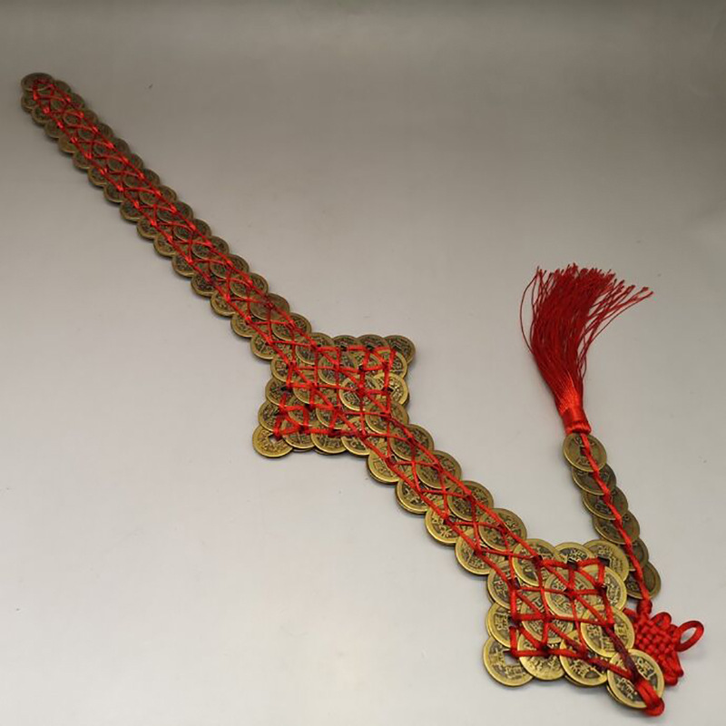 仿古纯铜红绳编织金钱宝剑家装装饰摆件古玩铜器铜钱剑工艺品礼品