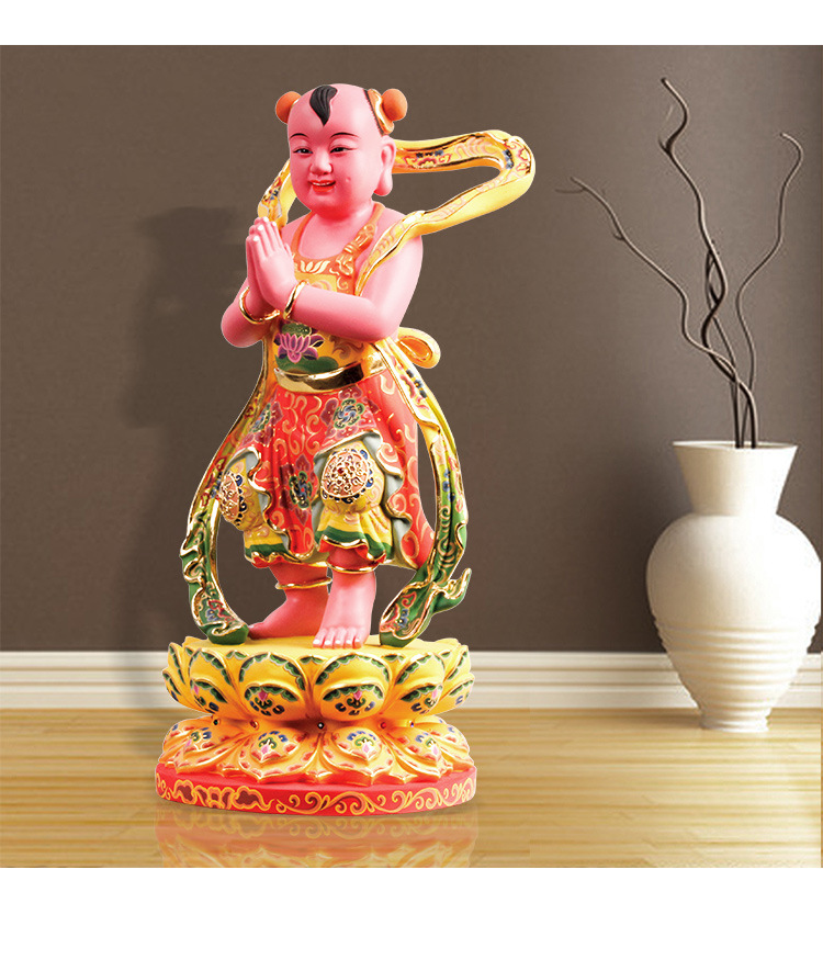 厂家直销香樟木雕善财童子神像油彩工艺观音菩萨护法寺庙供奉摆件