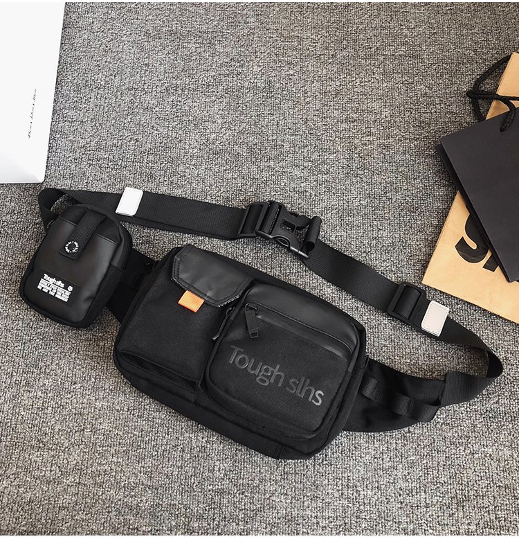 情侣款中性潮流实用多功能黑色胸包男女工装风腰包健身运动斜挎包