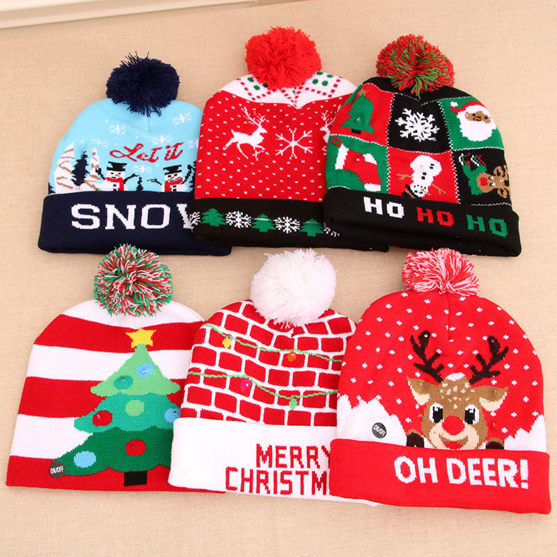 New Cross-Border Christmas Hat Adult and Children Knitted Wool Christmas Hat Colorful Luminous Knitted Hat Christmas Hat