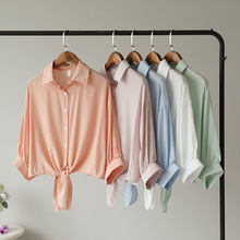 [欧玛莱]厂家直销简约风夏季女装绑带衬衫纯色短款衬衣好质量4101