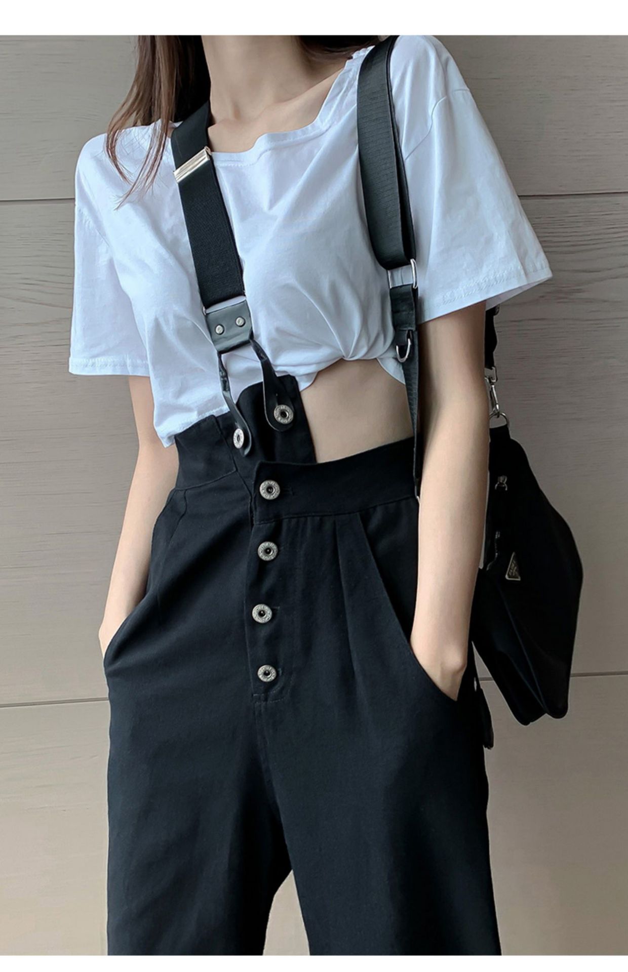 白色单肩牛仔背带裤女秋季复古韩版宽松高腰直筒阔腿裤子新款时尚