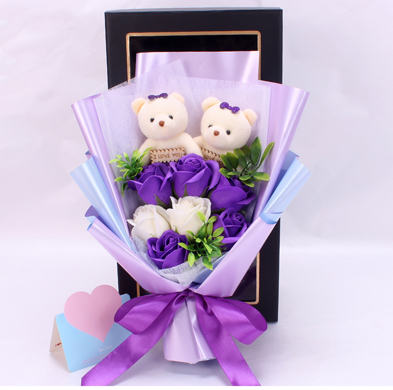 亚马逊三八女神节礼物韩版小熊香皂花束7朵玫瑰礼盒母亲节礼品花