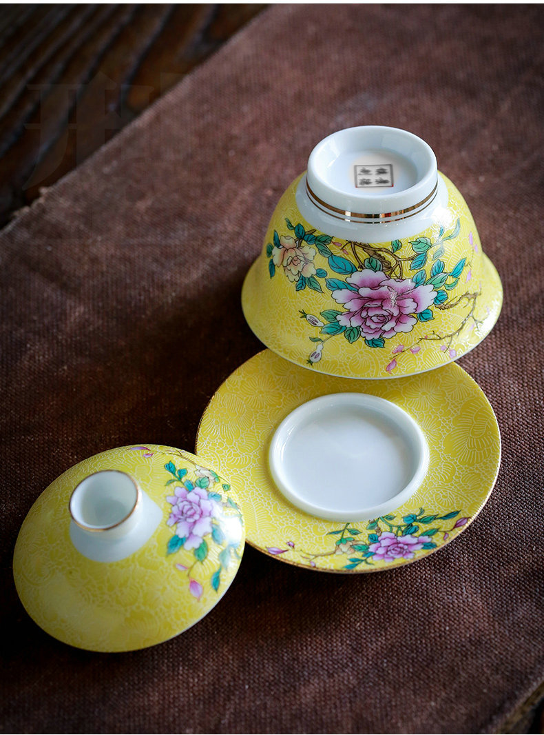 景德镇盖碗茶杯珐琅彩大号陶瓷茶碗茶具掐丝手工扒花荷花三才盖碗